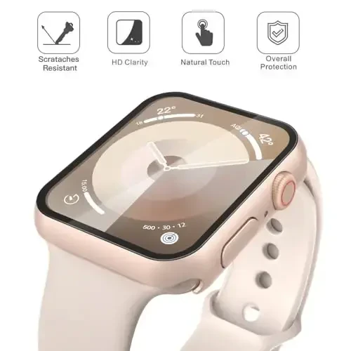 Misxi 2 Pack Tempered Glass Case Compatible for Apple Watch Series 9 Series 8 Series 7 45mm, Hard PC Screen Protector Overall Protection Scratch-Resistant Cover for iWatch, 1 Rose Gold + 1 Transparent - 3