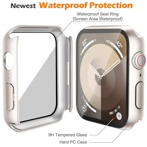 Misxi [2 Pack Waterproof Anti-Scratch Case Apple Watch Series 9 Series 8 Series 7 45mm uchun tugmali, iWatch uchun temperlangan shisha ekran himoyachisi bo'lgan qattiq kompyuter qopqog'i, Starlight - 4