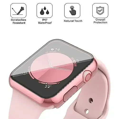 Misxi [2 Pack] Waterproof Anti-Scratch Case with Button for Apple Watch SE 2 (2024) SE Series 6 Series 5 Series 4 40mm, Tempered Glass Screen Protector Cover for iWatch, 1 Rose Pink + 1 Transparent - 4