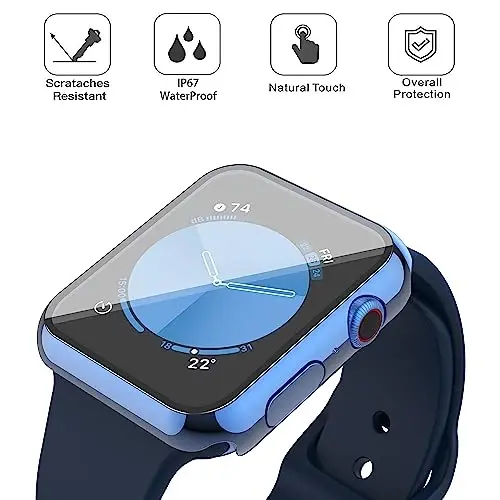 Misxi [2 Pack] Waterproof Anti-Scratch Case with Button for Apple Watch Series 6 SE Series 5 Series 4 44mm, Hard PC Cover with Tempered Glass Screen Protector for iWatch, 1 Blue + 1 Transparent - 2