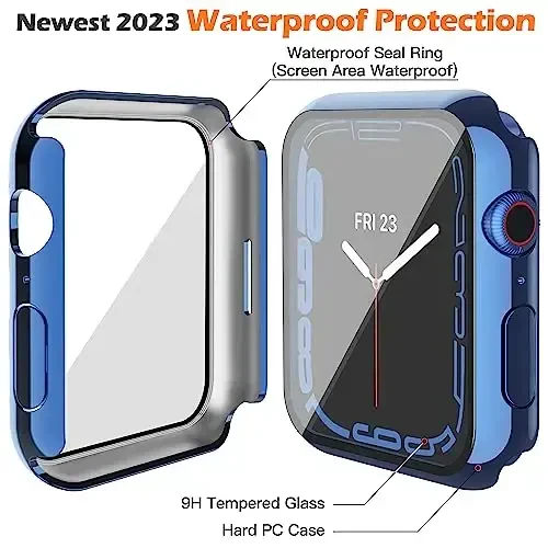 Misxi [2 Pack Waterproof Anti-Scratch Case with Button for Apple Watch Series 9 (2023) Series 8 Series 7 41mm, Hard PC Cover with Tempered Glass Screen Protector for iWatch, 1 Blue + 1 Transparent - 5