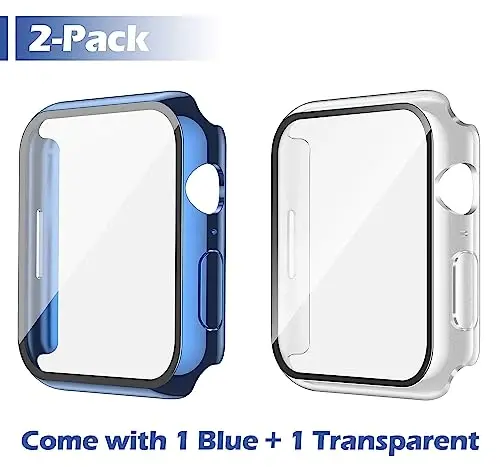 Misxi [2 Pack Waterproof Anti-Scratch Case with Button for Apple Watch Series 9 (2023) Series 8 Series 7 41mm, Hard PC Cover with Tempered Glass Screen Protector for iWatch, 1 Blue + 1 Transparent - 2