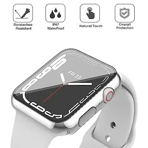 Misxi [2 Pack] Waterproof Anti-Scratch Case with Button for Apple Watch Series 9 (2023) Series 8 Series 7 41mm, Hard PC Cover with Tempered Glass Screen Protector for iWatch, 1 Silver + 1 Transparent - 4