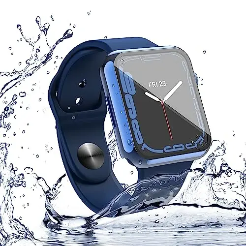 Misxi [2 Pack] Waterproof Anti-Scratch Case with Button for Apple Watch Series 9 (2023) Series 8 Series 7 45mm, Hard PC Cover with Tempered Glass Screen Protector for iWatch, 1 Blue + 1 Transparent 