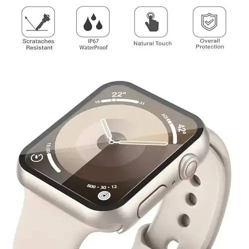 Misxi [2 Pack Waterproof Anti-Scratch Case with Button for Apple Watch Series 9 Series 8 Series 7 45mm, Hard PC Cover with Tempered Glass Screen Protector for iWatch, 1 Starlight + 1 Transparent - 3