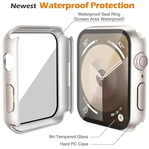 Misxi [2 Pack Waterproof Anti-Scratch Case with Button for Apple Watch Series 9 Series 8 Series 7 45mm, Hard PC Cover with Tempered Glass Screen Protector for iWatch, Starlight - 4