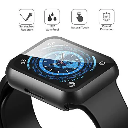 Misxi [2 Pack] Waterproof Black Hard Case with Tempered Glass Compatible with Apple Watch Series 9 (2023) Series 8 Series 7 45mm, Ultra-Thin Tough Protective Cover for iWatch Screen Protector - 3