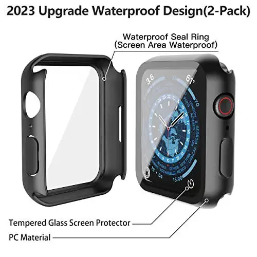 Misxi [2 Pack] Waterproof Black Hard Case with Tempered Glass Compatible with Apple Watch Series 9 (2023) Series 8 Series 7 45mm, Ultra-Thin Tough Protective Cover for iWatch Screen Protector - 4