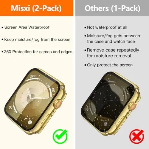 Misxi 2-Pack Waterproof Case for 41mm Apple Watch Series 9/8/7 | Cover with 9H Tempered Glass Screen Protector for 9/8/7, Anti-Scratch, 1 Gold + 1 Transparent - 3