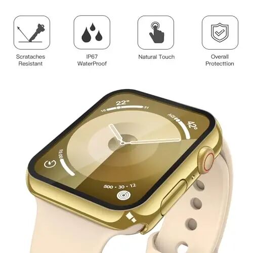 Misxi 2-Pack Waterproof Case for 41mm Apple Watch Series 9/8/7 | Cover with 9H Tempered Glass Screen Protector for 9/8/7, Anti-Scratch, 1 Gold + 1 Transparent - 4