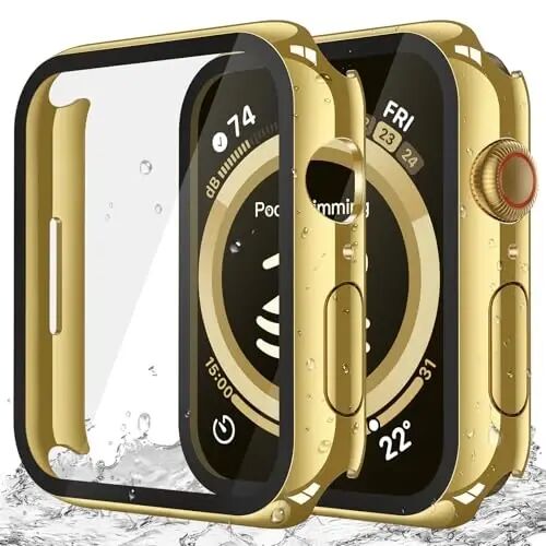 Misxi 2-Pack Waterproof Case for 41mm Apple Watch Series 9/8/7 | Cover with 9H Tempered Glass Screen Protector for 9/8/7, Anti-Scratch, 1 Gold + 1 Transparent - Misxi