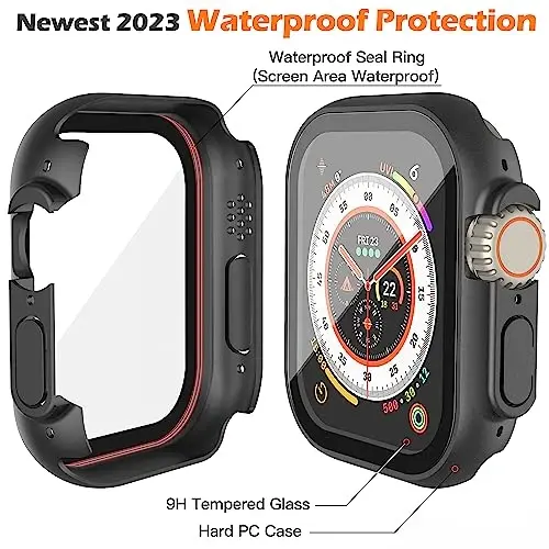 Misxi [2 Pack] Waterproof Case with Button Designed for 49mm Apple Watch Ultra 2 / Ultra, Anti-Fall Protective Hard PC Cover with Tempered Glass Screen Protector for iWatch, Matte Black - 4