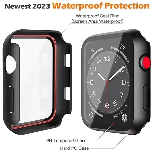 Misxi [2 Pack] Waterproof Case with Button Designed for Apple Watch Series 3 Series 2 38mm, Anti-Fall Hard PC Cover with Tempered Glass Screen Protector for iWatch S3/S2, Matte Black - 5