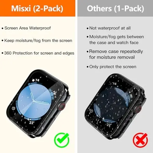 Misxi [2 Pack] Waterproof Hard Case with Tempered Glass Compatible with Apple Watch SE 3 (2025) SE 2 SE Series 6 Series 5 Series 4 44mm, Cover for iWatch Screen Protector, 1 Jet Black + 1 Transparent - 3