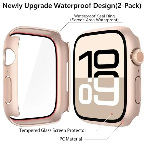 Misxi [2 Pack] Waterproof Hard Case with Tempered Glass Compatible with Apple Watch Series 11 (2025) Series 10 42mm, Overall Protective Cover for iWatch Screen Protector, 1 Rose Gold + 1 Transparent - 5