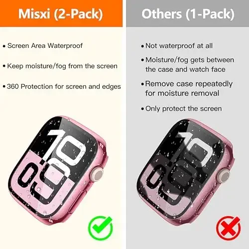 Misxi [2 Pack] Waterproof Hard Case with Tempered Glass Compatible with Apple Watch Series 11 (2025) Series 10 42mm, Overall Protective Cover for iWatch Screen Protector, 1 Rose Pink + 1 Transparent - 3
