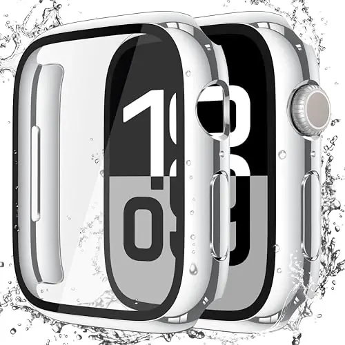 Misxi [2 Pack] Waterproof Hard Case with Tempered Glass Compatible with Apple Watch Series 11 (2025) Series 10 42mm, Overall Protective Cover for iWatch Screen Protector, 1 Silver + 1 Transparent - 1