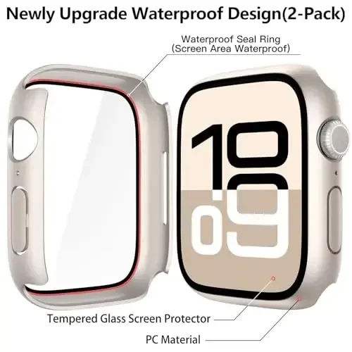 Misxi [2 Pack] Waterproof Hard Case with Tempered Glass Compatible with Apple Watch Series 11 (2025) Series 10 42mm, Overall Protective Cover for iWatch Screen Protector, 1 Starlight + 1 Transparent - 5