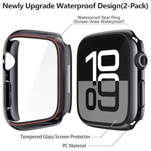 Misxi [2 Pack] Waterproof Hard Case with Tempered Glass Compatible with Apple Watch Series 11 (2025) Series 10 46mm, Anti-Fall Tough Overall Protective Cover for iWatch Screen Protector, Jet Black - 4