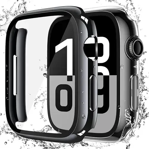 Misxi [2 Pack] Waterproof Hard Case with Tempered Glass Compatible with Apple Watch Series 11 (2025) Series 10 46mm, Overall Protective Cover for iWatch Screen Protector, 1 Jet Black + 1 Transparent 