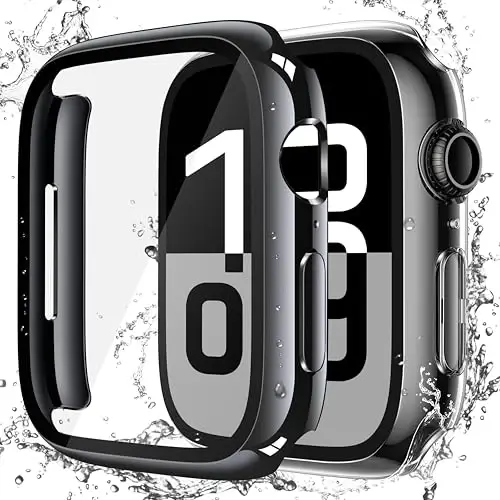 Misxi [2 Pack] Waterproof Hard Case with Tempered Glass Compatible with Apple Watch Series 11 (2025) Series 10 46mm, Overall Protective Cover for iWatch Screen Protector, 1 Jet Black + 1 Transparent 