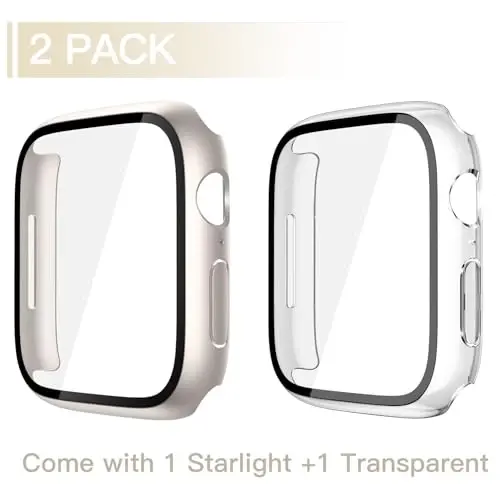 Misxi [2 Pack] Waterproof Hard Case with Tempered Glass Compatible with Apple Watch Series 11 (2025) Series 10 46mm, Overall Protective Cover for iWatch Screen Protector, 1 Starlight + 1 Transparent - 2