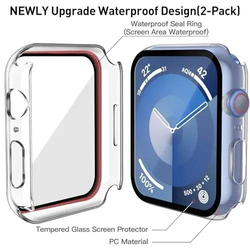 Misxi [2 Pack Waterproof Hard Case with Tempered Glass Compatible with Apple Watch Series 9 (2023) Series 8 Series 7 45mm, Ultra-Thin Tough Cover for iWatch Screen Protector, Matte Transparent - 4