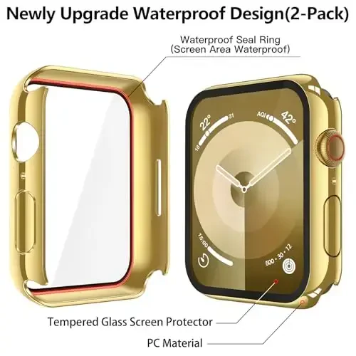 Misxi [2 Pack] Waterproof Hard Case with Tempered Glass Compatible with Apple Watch Series 9 Series 8 Series 7 41mm, Ultra-Thin Cover for iWatch Screen Protector, 1 Gold + 1 Transparent - 5