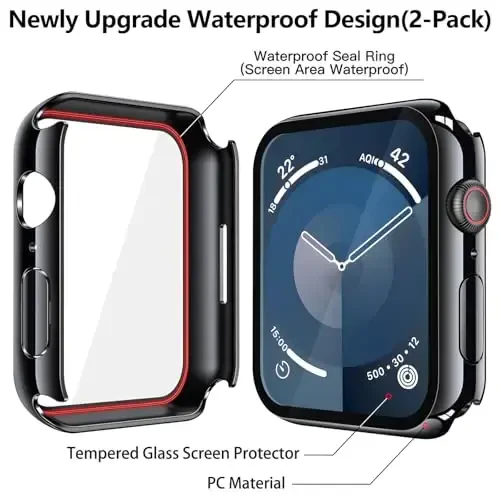 Misxi [2 Pack] Waterproof Hard Case with Tempered Glass Compatible with Apple Watch Series 9 Series 8 Series 7 41mm, Ultra-Thin Cover for iWatch Screen Protector, 1 Jet Black + 1 Transparent - 5