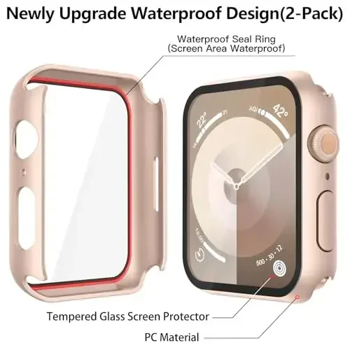 Misxi [2 Pack] Waterproof Hard Case with Tempered Glass Compatible with Apple Watch Series 9 Series 8 Series 7 41mm, Ultra-Thin Cover for iWatch Screen Protector, 1 Rose Gold + 1 Transparent - 5