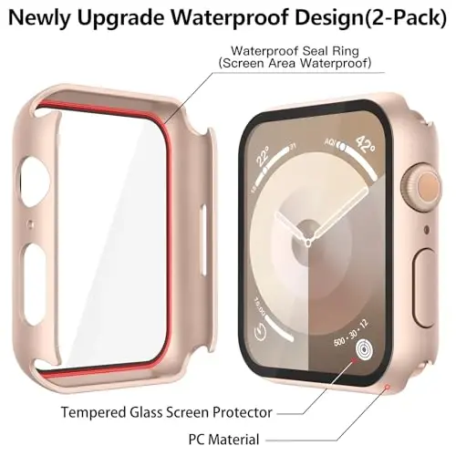 Misxi [2 Pack] Waterproof Hard Case with Tempered Glass Compatible with Apple Watch Series 9 Series 8 Series 7 41mm, Ultra-Thin Cover for iWatch Screen Protector, 1 Rose Gold + 1 Transparent - 5