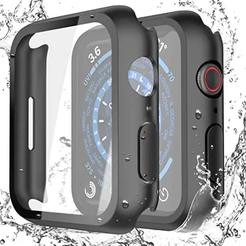 Misxi 2-Pack Waterproof Hard Case with Tempered Glass Compatible with Apple Watch Series 9 Series 8 Series 7 41mm, Ultra-Thin Tough Protective Cover for iWatch Screen Protector, Matte Black 