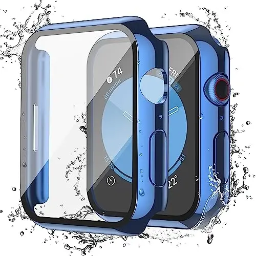 Misxi [2 ta to'plam] Su o'tkazmaydigan chizishga chidamli tugmali Apple Watch Series 6 SE Series 5 Series 4 44 mm uchun, iWatch uchun temperlangan shisha ekran himoyachisi bilan qattiq PC qopqoq, 1 ko'k + 1 shaffof - 4