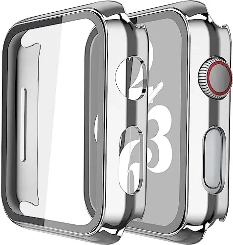 Misxi 2 taʼrifi Qattiq PC Korpus va Temperlangan Shisha Ekran Himoyachisi, Apple Watch Series 6 SE Series 5 Series 4 44mm bilan mos keladi, 1 Kumush + 1 Shaffof - MISXI