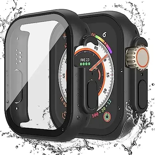 Misxi [2 Pack] Waterproof Case with Button Designed for 49mm Apple Watch Ultra 2 / Ultra, Anti-Fall Protective Hard PC Cover with Tempered Glass Screen Protector for iWatch, Matte Black - 1