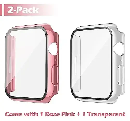 Misxi [2 Pack] Waterproof Anti-Scratch Case with Button for Apple Watch SE 2 (2024) SE Series 6 Series 5 Series 4 40mm, Tempered Glass Screen Protector Cover for iWatch, 1 Rose Pink + 1 Transparent - 2