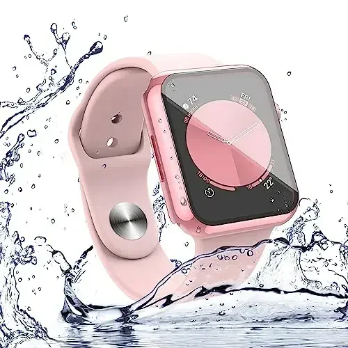 Misxi [2 Pack] Waterproof Anti-Scratch Case with Button for Apple Watch SE 2 (2024) SE Series 6 Series 5 Series 4 40mm, Tempered Glass Screen Protector Cover for iWatch, 1 Rose Pink + 1 Transparent - 6