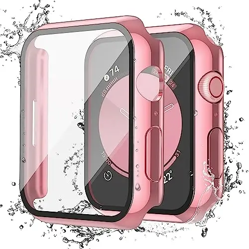 Misxi [2 Pack] Waterproof Anti-Scratch Case with Button for Apple Watch SE 2 (2024) SE Series 6 Series 5 Series 4 40mm, Tempered Glass Screen Protector Cover for iWatch, 1 Rose Pink + 1 Transparent - 1