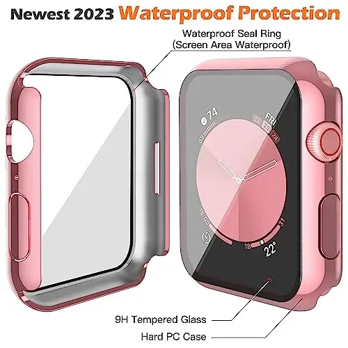 Misxi [2 Pack] Waterproof Anti-Scratch Case with Button for Apple Watch SE 2 (2024) SE Series 6 Series 5 Series 4 40mm, Tempered Glass Screen Protector Cover for iWatch, 1 Rose Pink + 1 Transparent - 5