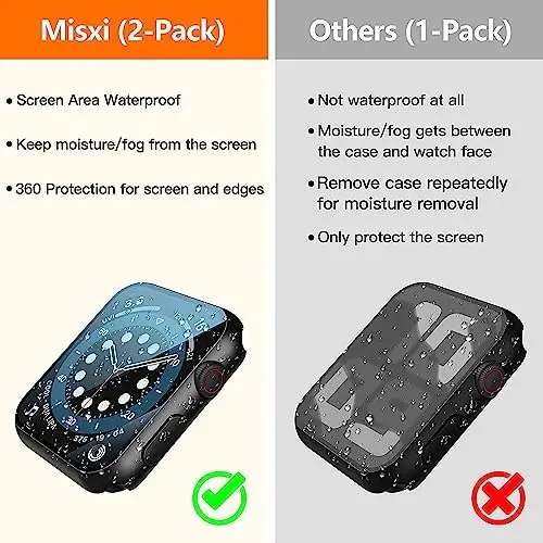 Misxi [2 Pack] Waterproof Case with Button for Apple Watch SE 2 (2024) SE Series 6 Series 5 Series 4 44mm, Anti-Fall PC Cover with Tempered Glass Screen Protector for iWatch, 1 Black + 1 Transparent - 2