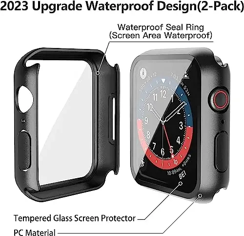 Misxi [2 Pack] Waterproof Case with Button for Apple Watch SE 3 (2025) SE 2 SE Series 6 Series 5 Series 4 40mm, PC Cover with Tempered Glass Screen Protector for iWatch, 1 Black + 1 Transparent - 4