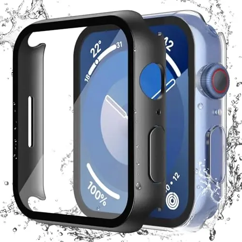 Misxi [2 Pack] Waterproof Case with Button Designed for Apple Watch Series 9 (2023) 8 7 41mm, Hard PC Cover Tempered Glass Screen Protector iWatch, 1 Black + Transparent RT-FBT41 - MISXI