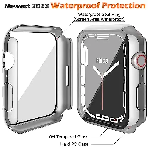 Misxi [2 Pack] Waterproof Anti-Scratch Case with Button for Apple Watch Series 9 (2023) Series 8 Series 7 41mm, Hard PC Cover with Tempered Glass Screen Protector for iWatch, 1 Silver + 1 Transparent - 5
