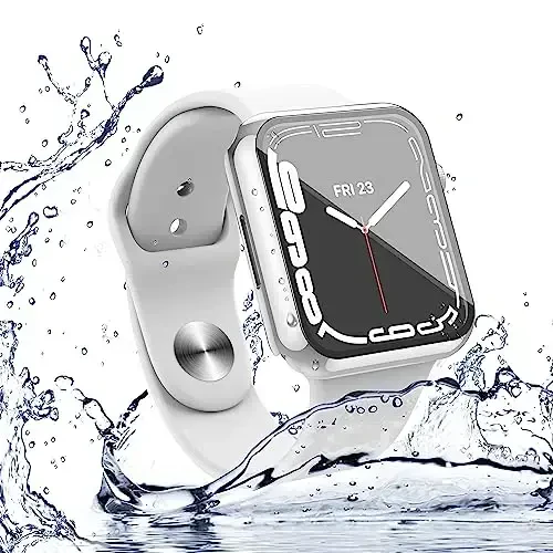 Misxi [2 Pack] Waterproof Anti-Scratch Case with Button for Apple Watch Series 9 (2023) Series 8 Series 7 41mm, Hard PC Cover with Tempered Glass Screen Protector for iWatch, 1 Silver + 1 Transparent - 6