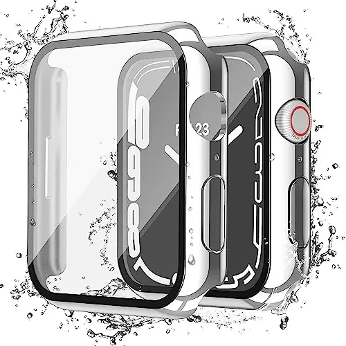 Misxi [2 Pack] Waterproof Anti-Scratch Case with Button for Apple Watch Series 9 (2023) Series 8 Series 7 41mm, Hard PC Cover with Tempered Glass Screen Protector for iWatch, 1 Silver + 1 Transparent - MISXI