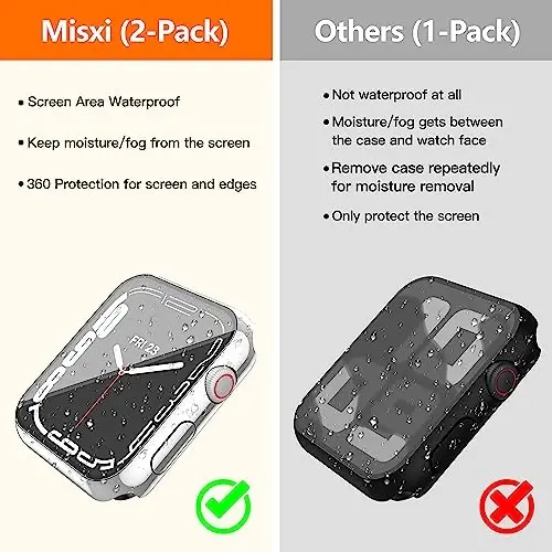 Misxi [2 Pack] Waterproof Anti-Scratch Case with Button for Apple Watch Series 9 (2023) Series 8 Series 7 41mm, Hard PC Cover with Tempered Glass Screen Protector for iWatch, 1 Silver + 1 Transparent - 3