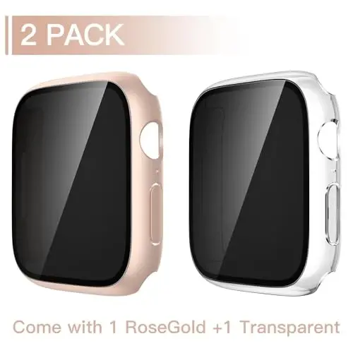 Misxi 2 Pack All-around Protective Privacy PC HD Case for Apple Watch Series 11 (2025) Series 10 46mm, Shockproof Ultra-Thin Cover with Anti-Spy Tempered Glass Screen Protector for iWatch, 1 Rose Gold + 1 Transparent - 2