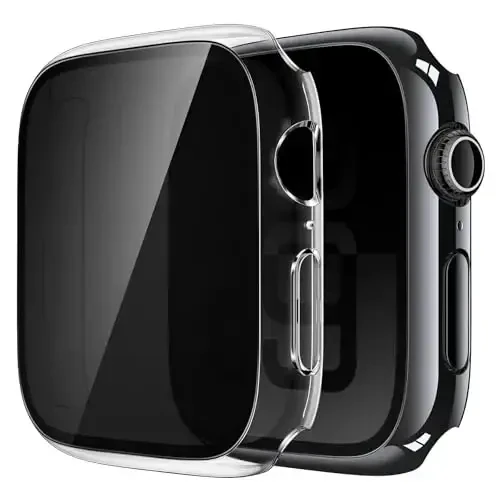 Misxi 2 Pack All-around Protective Privacy PC HD Case for Apple Watch Series 11 (2025) Series 10 46mm, Shockproof Ultra-Thin Cover with Anti-Spy Tempered Glass Screen Protector for iWatch, 1 Jet Black + 1 Transparent 
