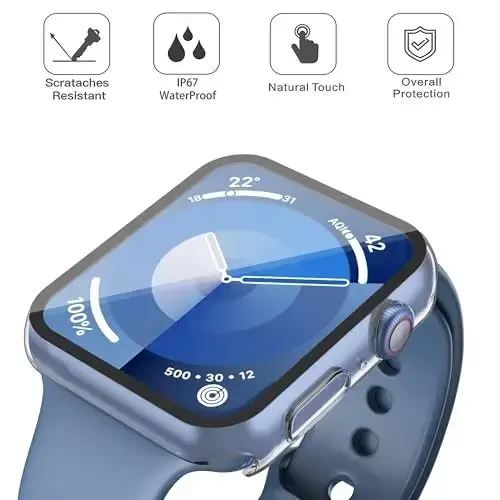 Misxi [2 Pack] Waterproof Case with Button Designed for Apple Watch Series 9 (2023) Series 8 Series 7 45mm, Hard PC Cover with Tempered Glass Screen Protector for iWatch, 1 Black + 1 Transparent - 3