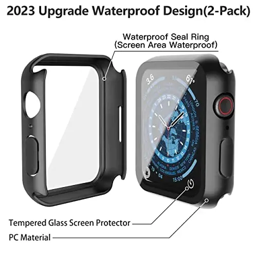 Misxi [2 Pack] Waterproof Case with Button Designed for Apple Watch Series 9 (2023) Series 8 Series 7 45mm, Hard PC Cover with Tempered Glass Screen Protector for iWatch, 1 Black + 1 Transparent - 4